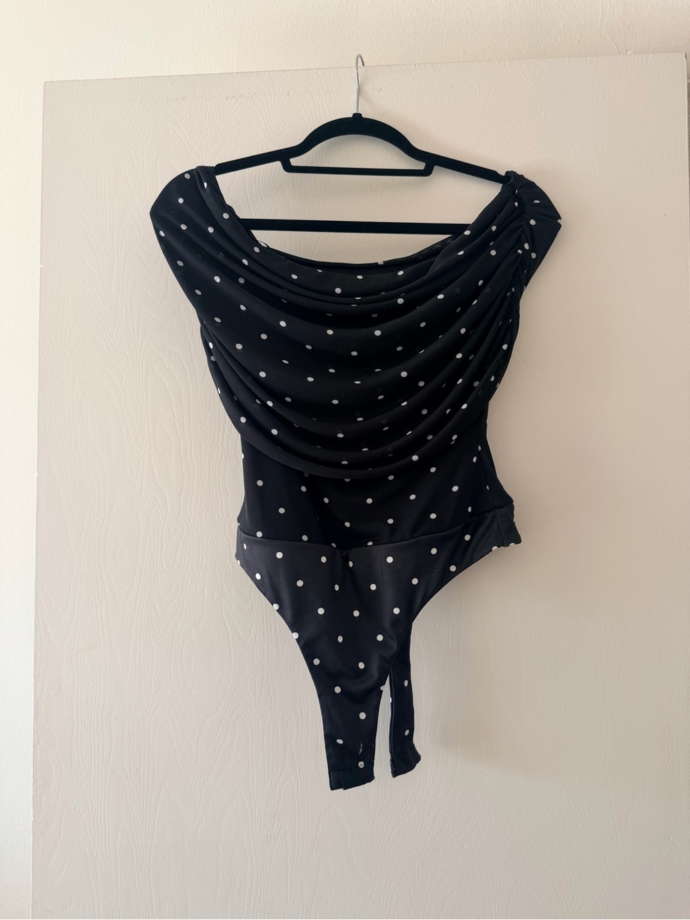 AFRM Black Polka Dot Draped Off Shoulder Women's Top Bodysuit